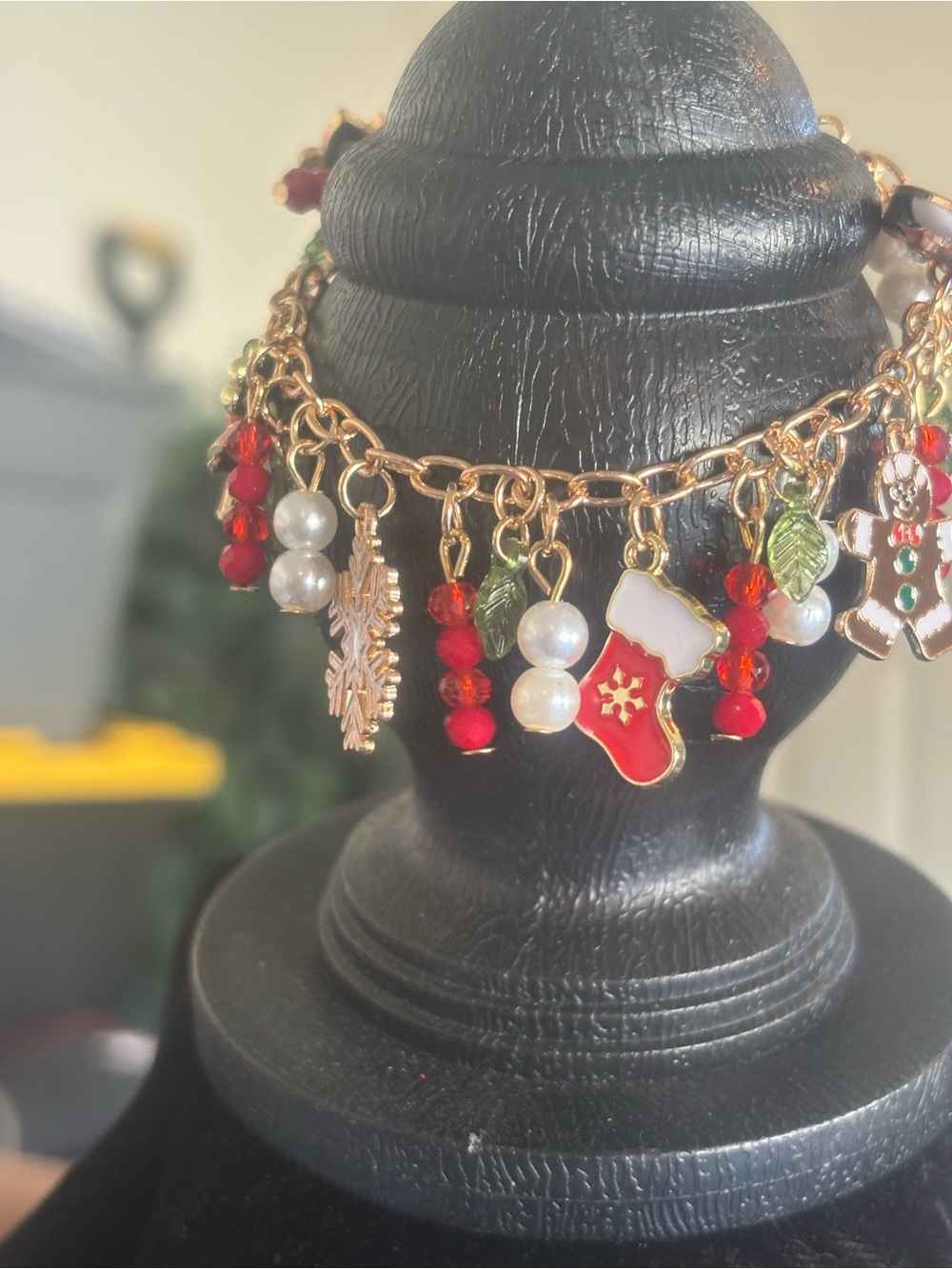 Gold Holiday Charm Bracelet with Red & Green Enamel Charms